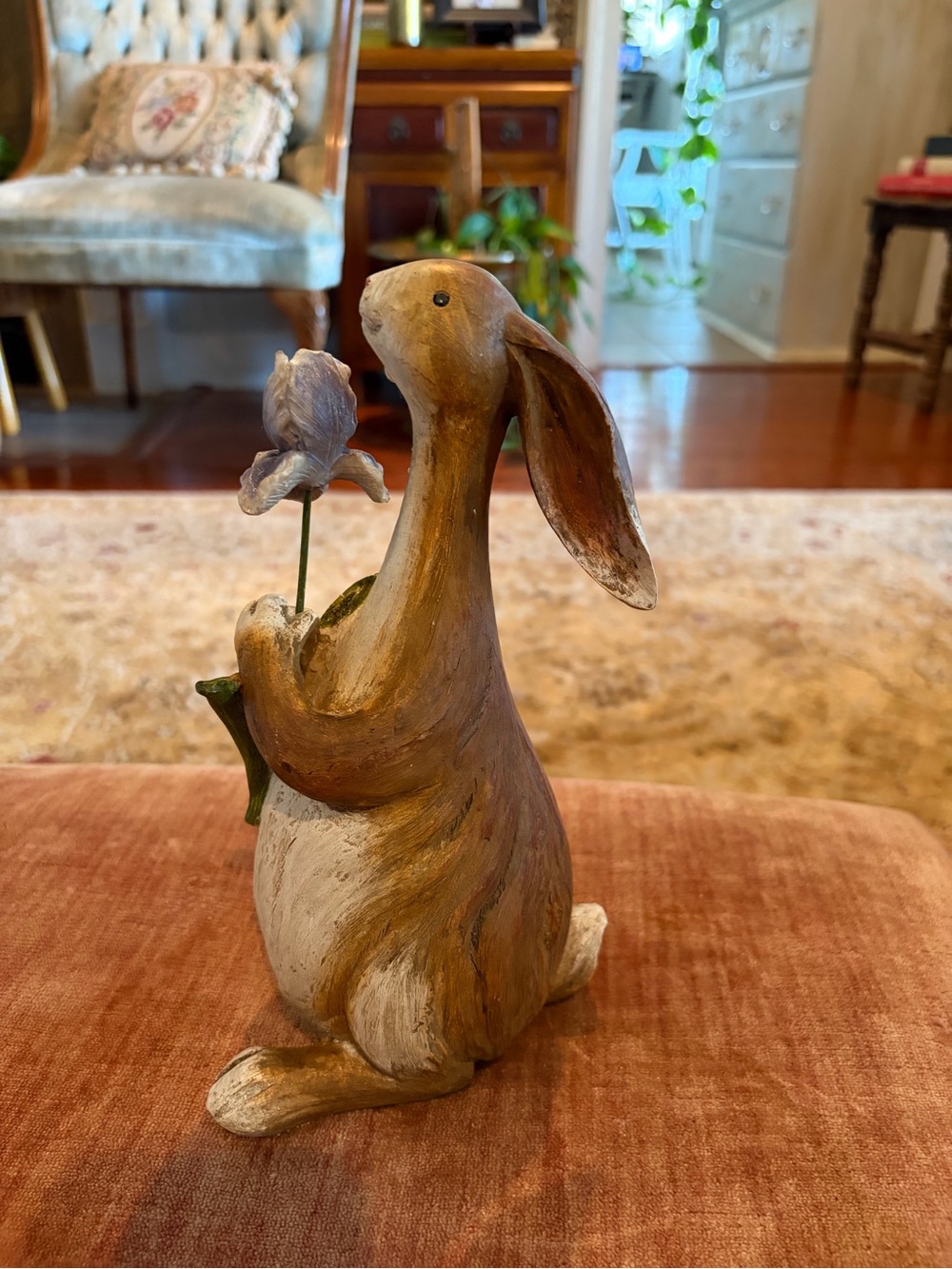 Rustic White & Brown Bunny Figurine Holding Purple Flower - Home Accents ?resin? - Picture 2 of 8